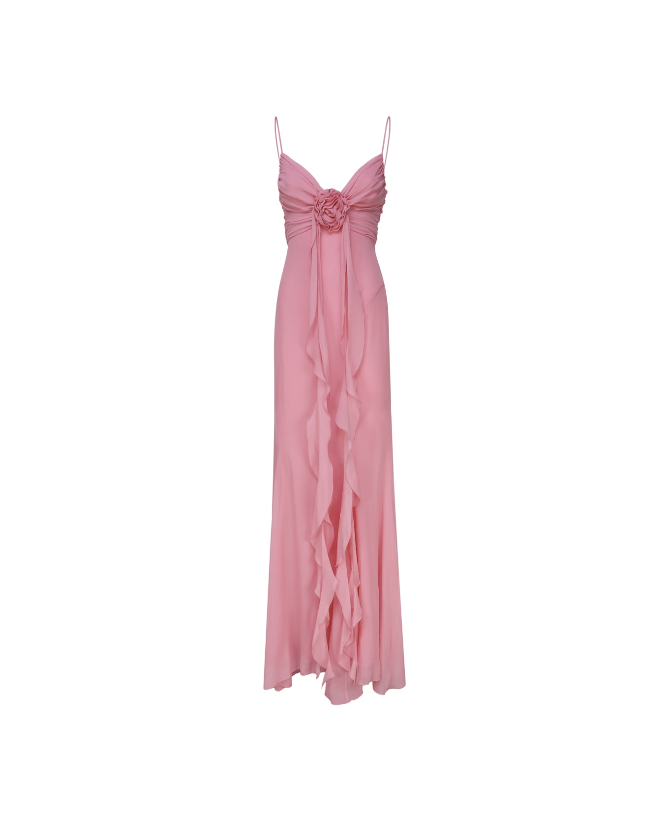 Blumarine Long Silk Dress With Draping And Decorative Rose - Pink geranio