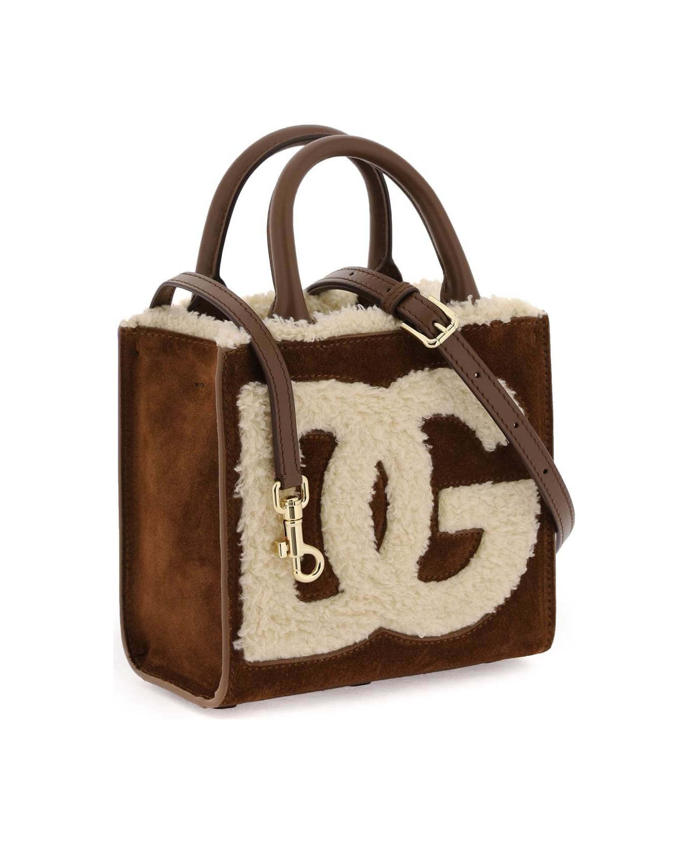 Dolce & Gabbana Dg Daily Mini Suede And Shearling Tote Bag - MARRONE CAFFELATTE (Beige)