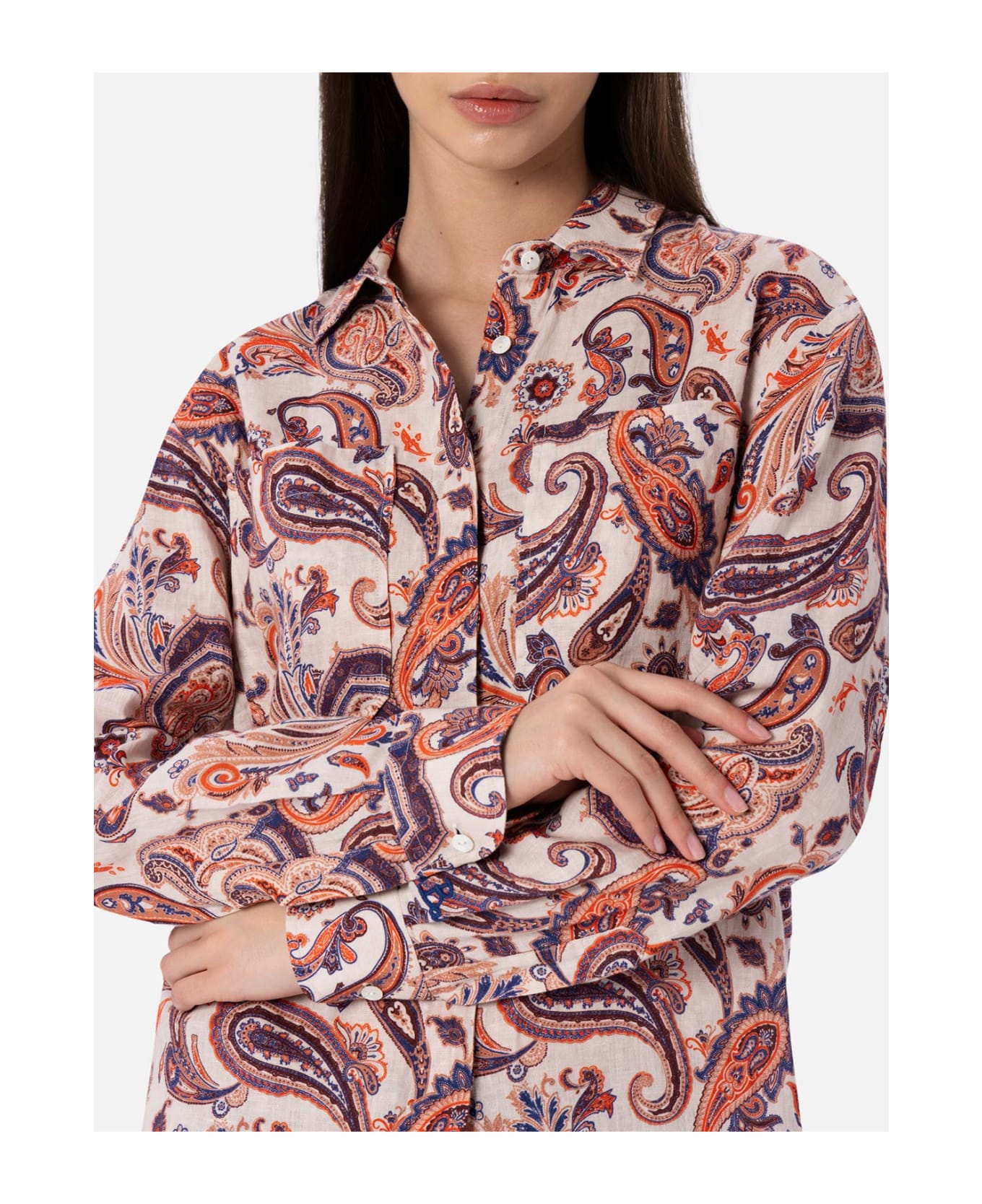 MC2 Saint Barth Woman Linen Shirt Alodie With Paisley Print And Pockets - WHITE