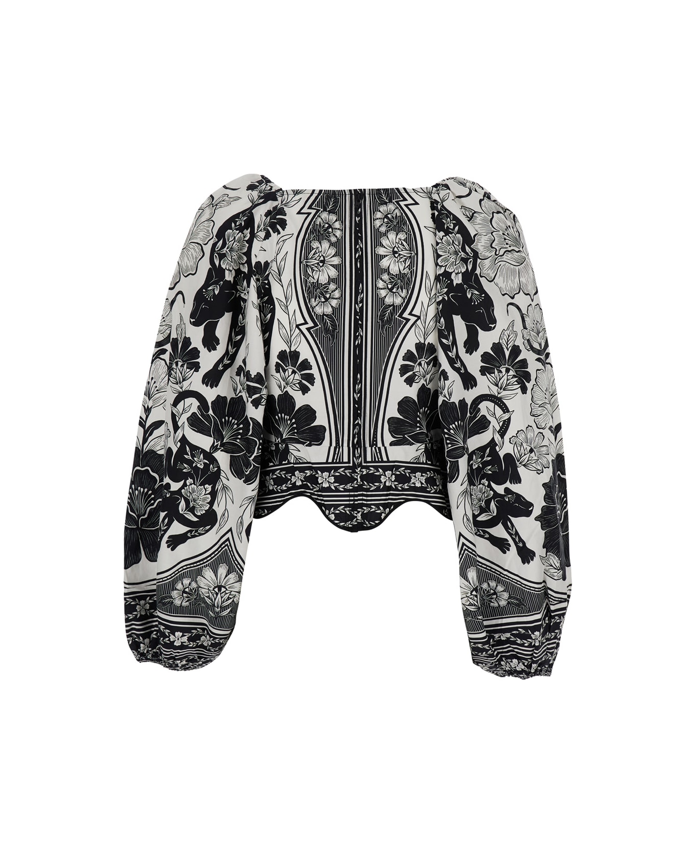 Farm Rio 
flower Leopard
 Black And White Blouse With Boat Neckline And All-over Floral Print In Cotton Woman - White/black