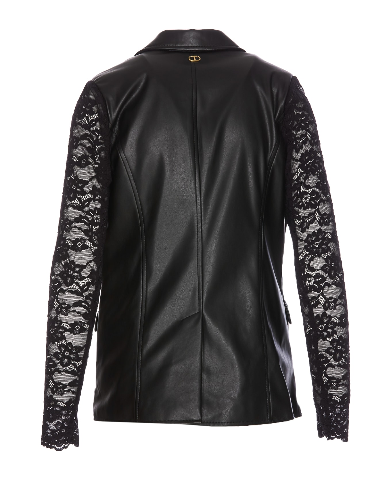 TwinSet Leather Effect Blazer With Lace - Nero