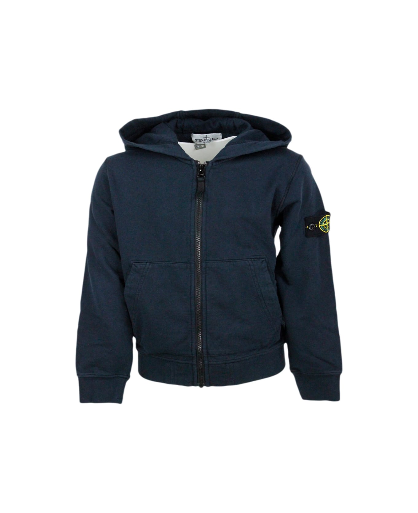 Stone Island Junior Cotton Sweatshirt With Hood And Zip Closure. Kangaroo Pockets And Logo On The Sleeve - Blu