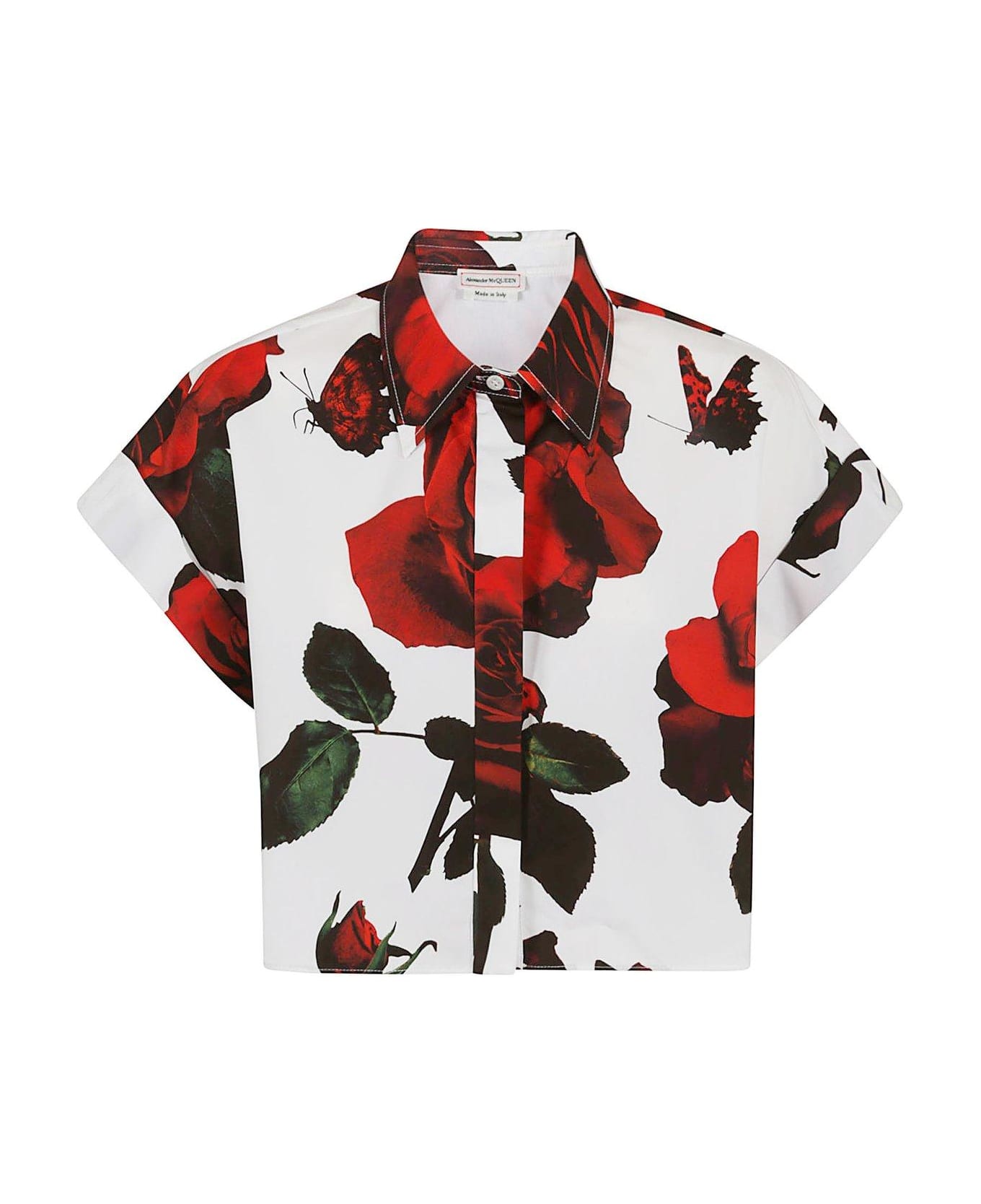 Alexander McQueen Rose-printed Short Sleeved Cropped Shirt - White シャツ