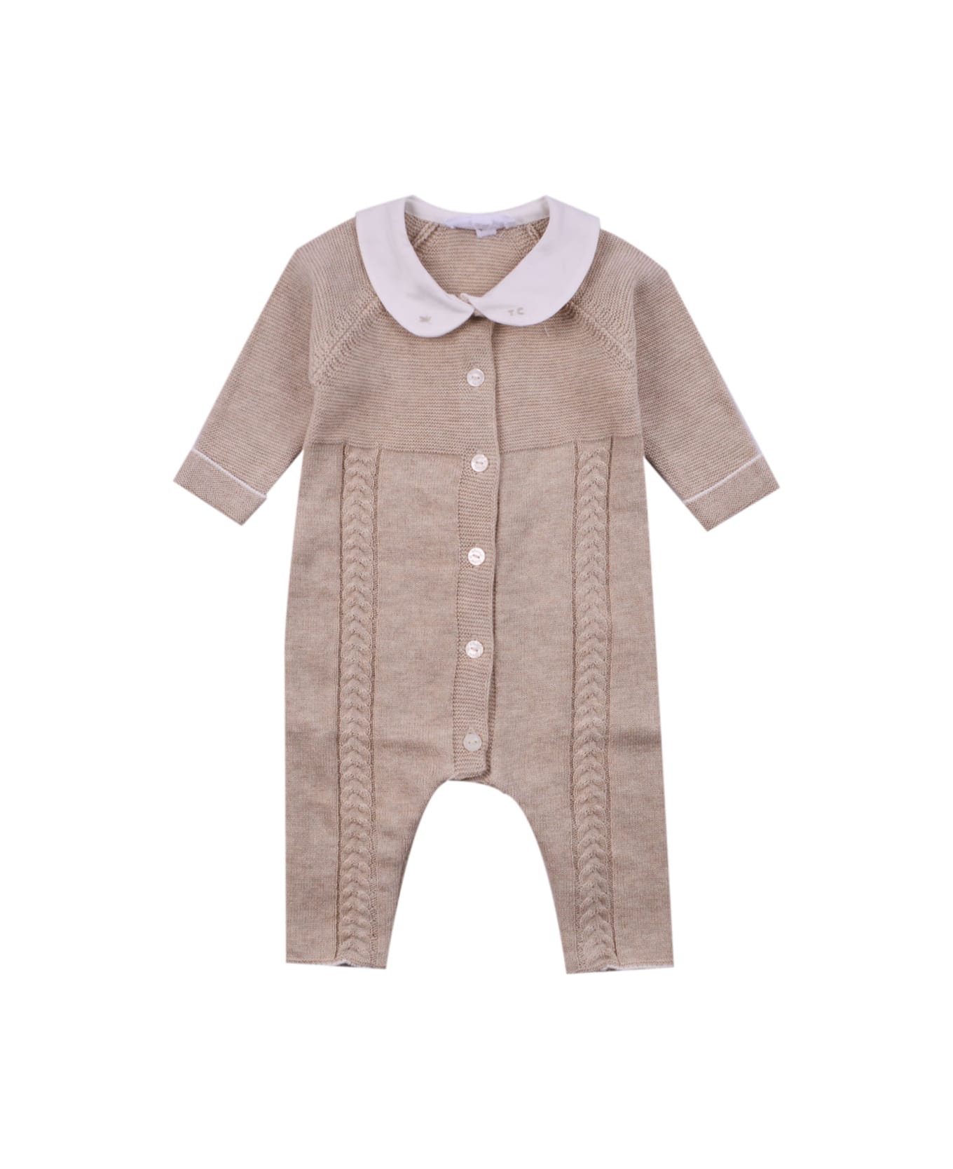 Tartine et Chocolat Knitted Romper With Embroidered Collar - Beige ボディスーツ＆セットアップ