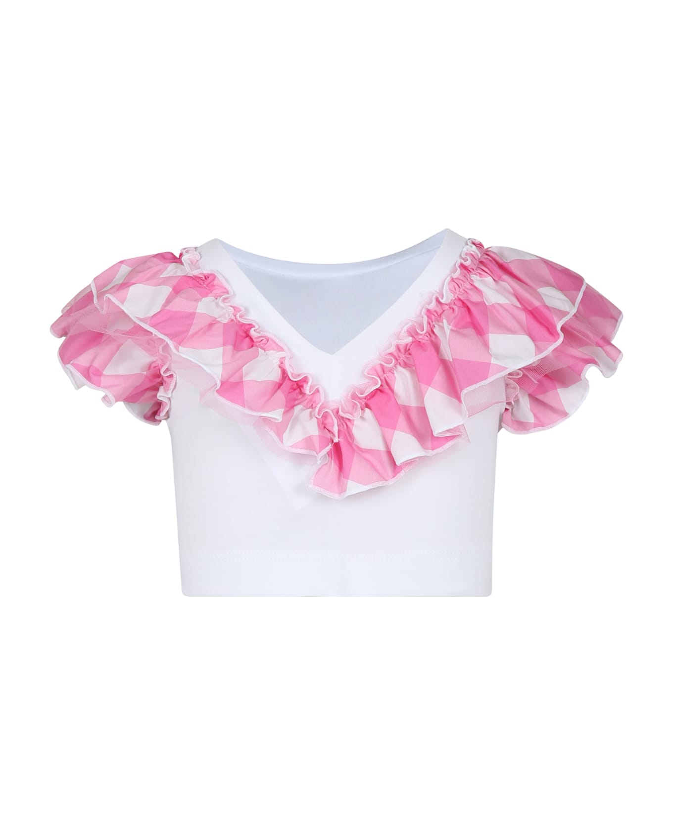 Monnalisa White Crop T-shirt For Girl With Vichy Print And Tulle - White