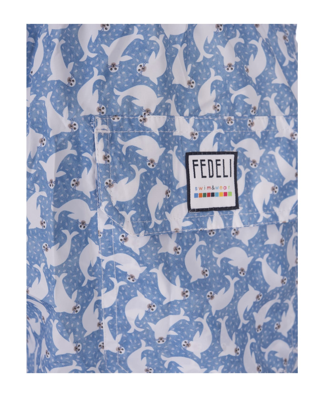 Fedeli Light Blue Swim Shorts With Seals Pattern - Blue スイムトランクス