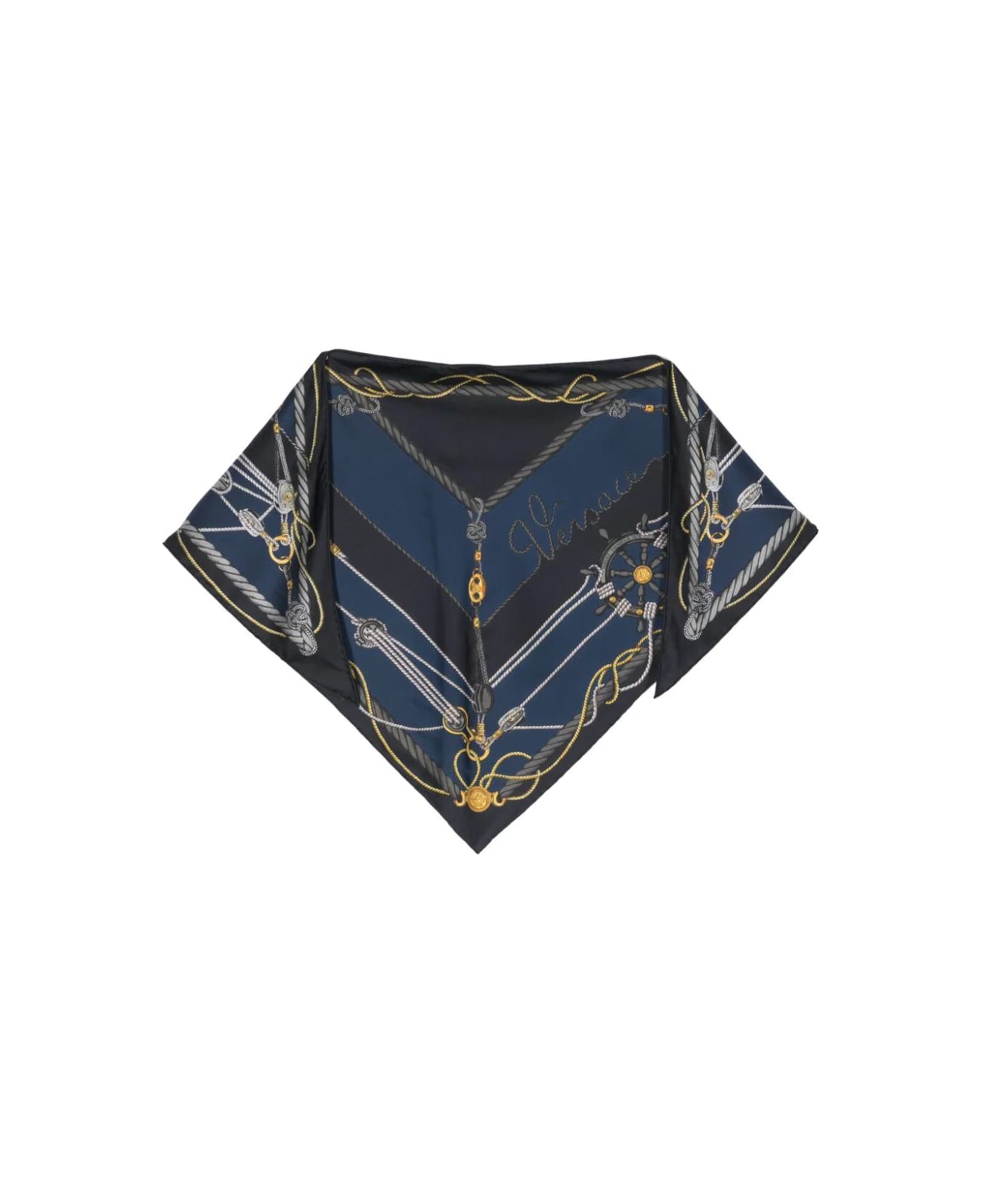 Versace Triangle Foulard 130x60 Side 90 Nautical Print Bio Silk Twill Accessory - Blue Gold