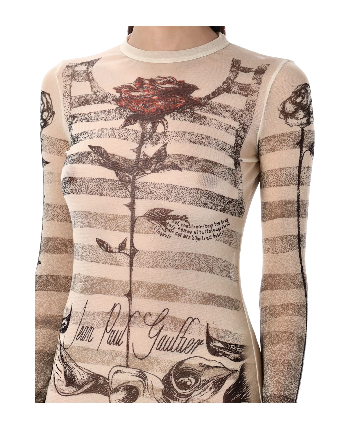 Jean Paul Gaultier Mesh Tatoo Mariner Long Dress - ECRU BLACK RED