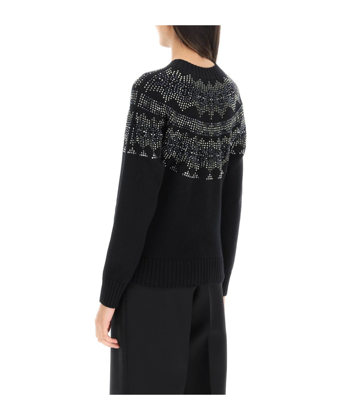 Max Mara 'osmio' Wool And Cashmere Fair-isle Sweater With Crystals - BLACK