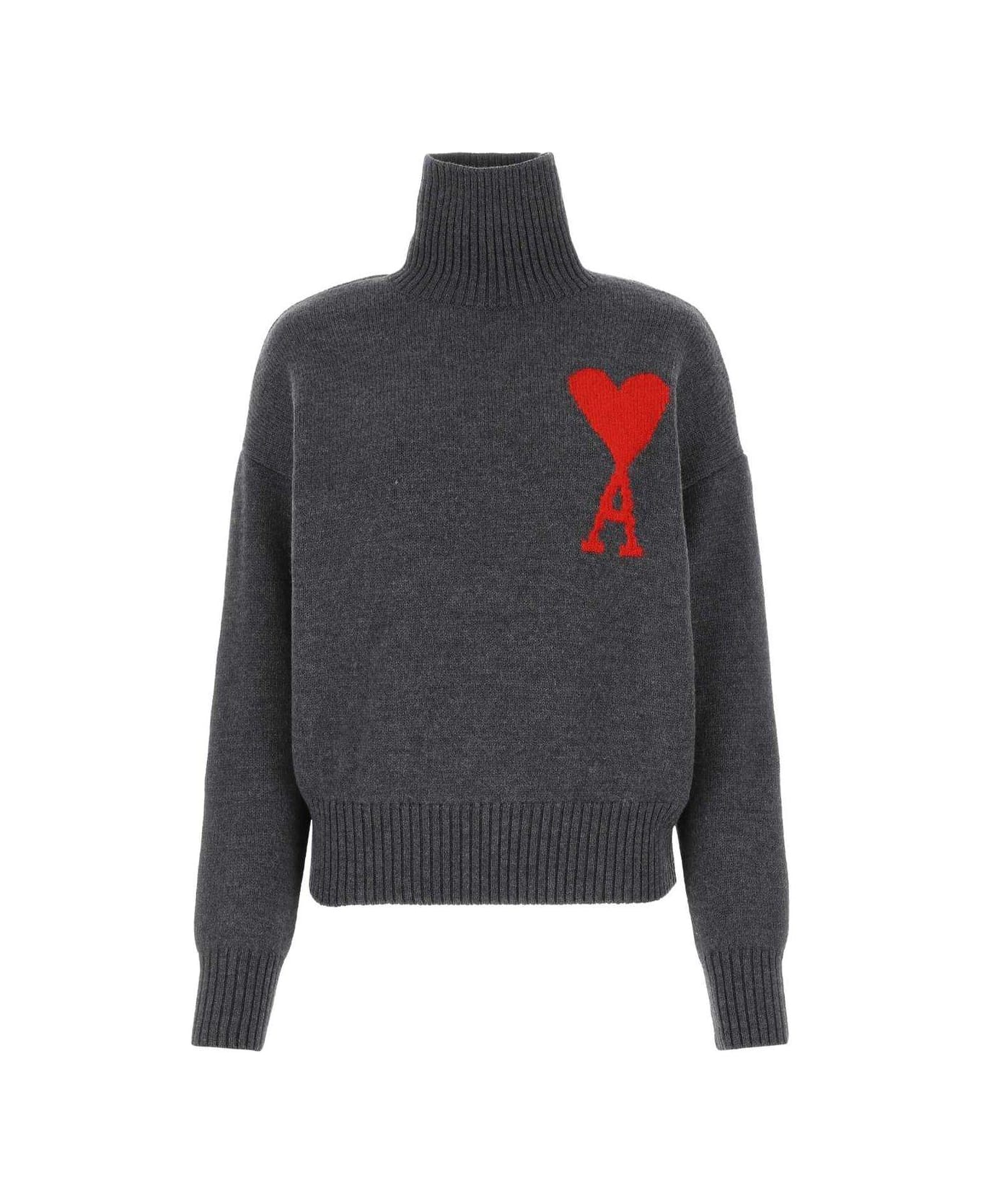 Ami Alexandre Mattiussi Paris De Coeur Roll Neck Knitted Jumper - GREY