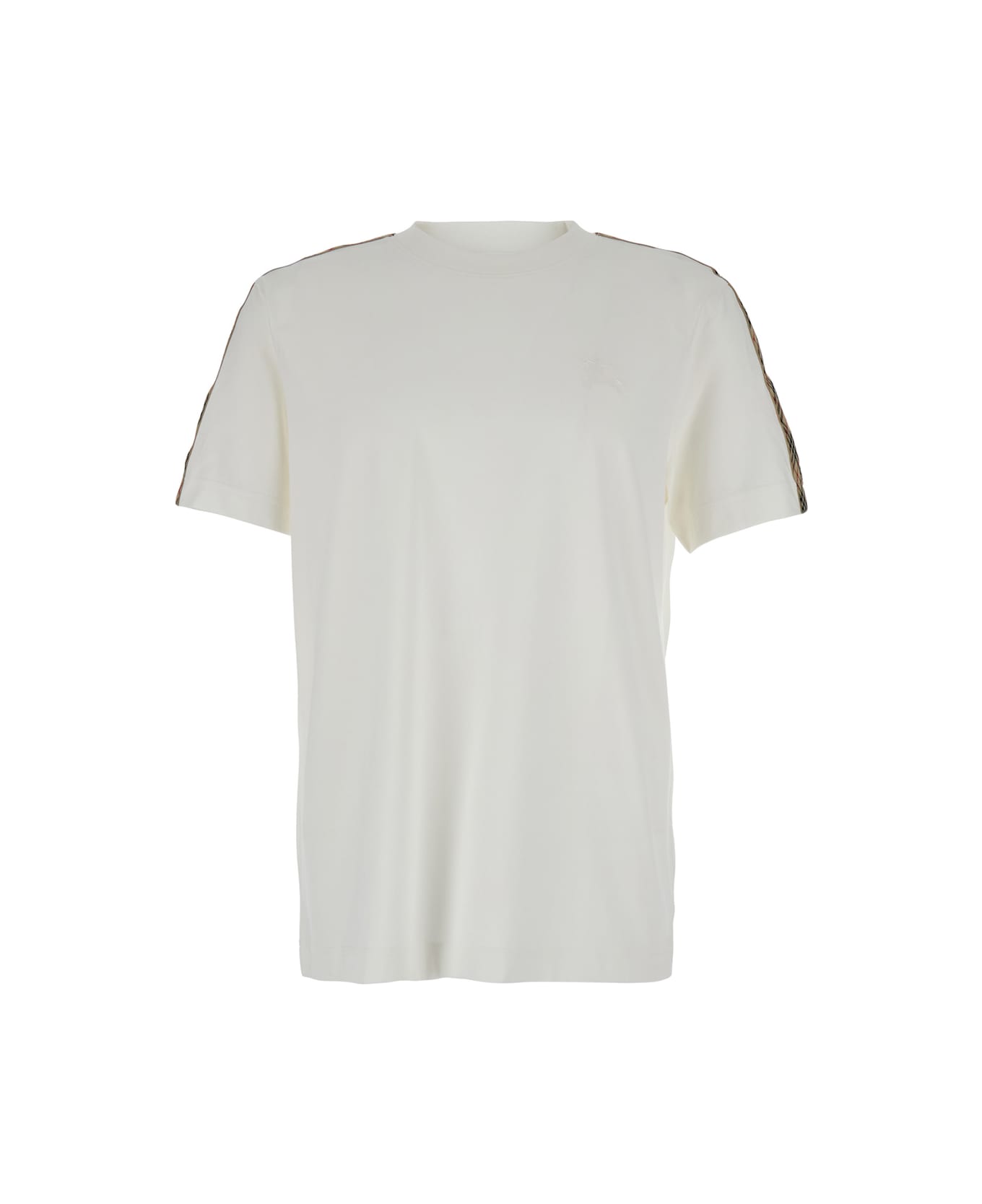 Burberry White Crewneck T-shirt With Check Motif On The Sleeve And Ekd Logo Embroidery On The Front In Cotton Man - White