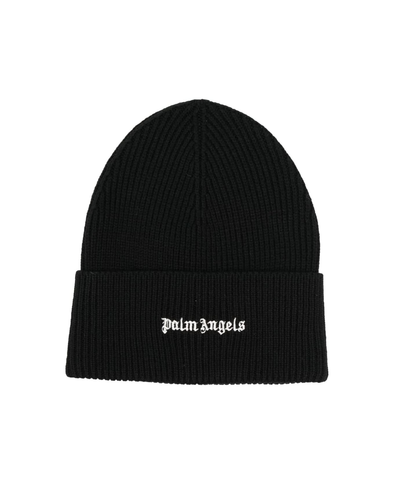 Palm Angels Black Ribbed Hat With Logo - Black