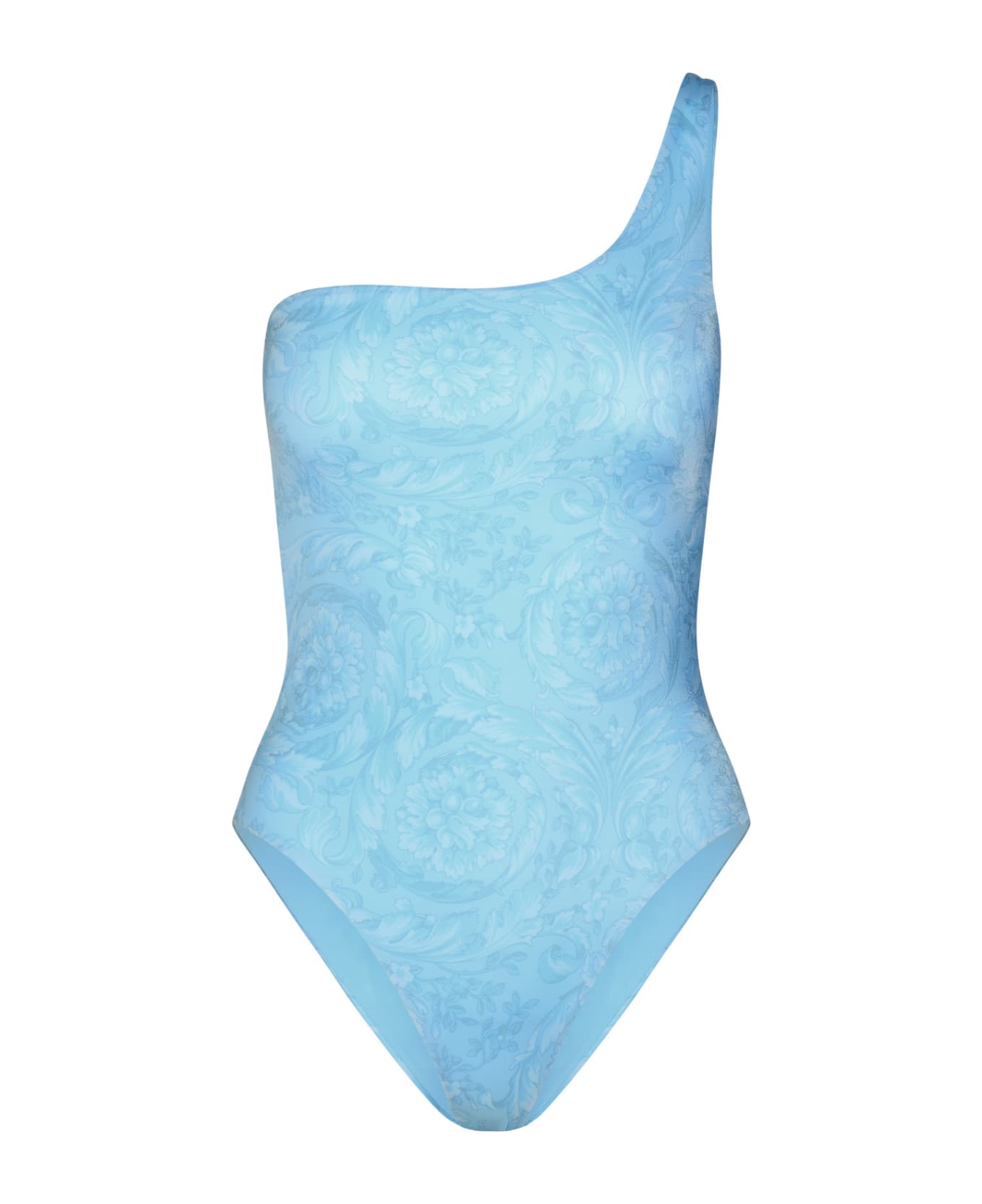 Versace Asymmetric 'barocco' One-piece Swimsuit In Light Blue Polyester Blend - Light Blue