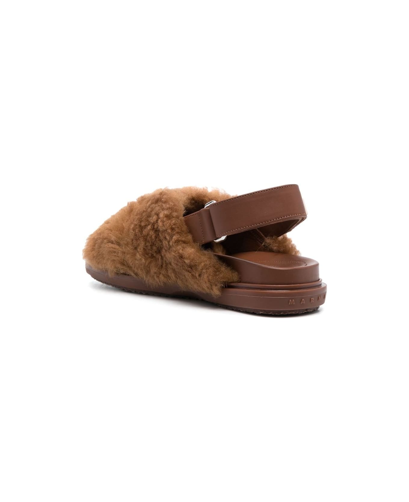 Marni Fussbett Crisscross Sandal Monochrome In Shearling With Logo Back Strap - Caramel