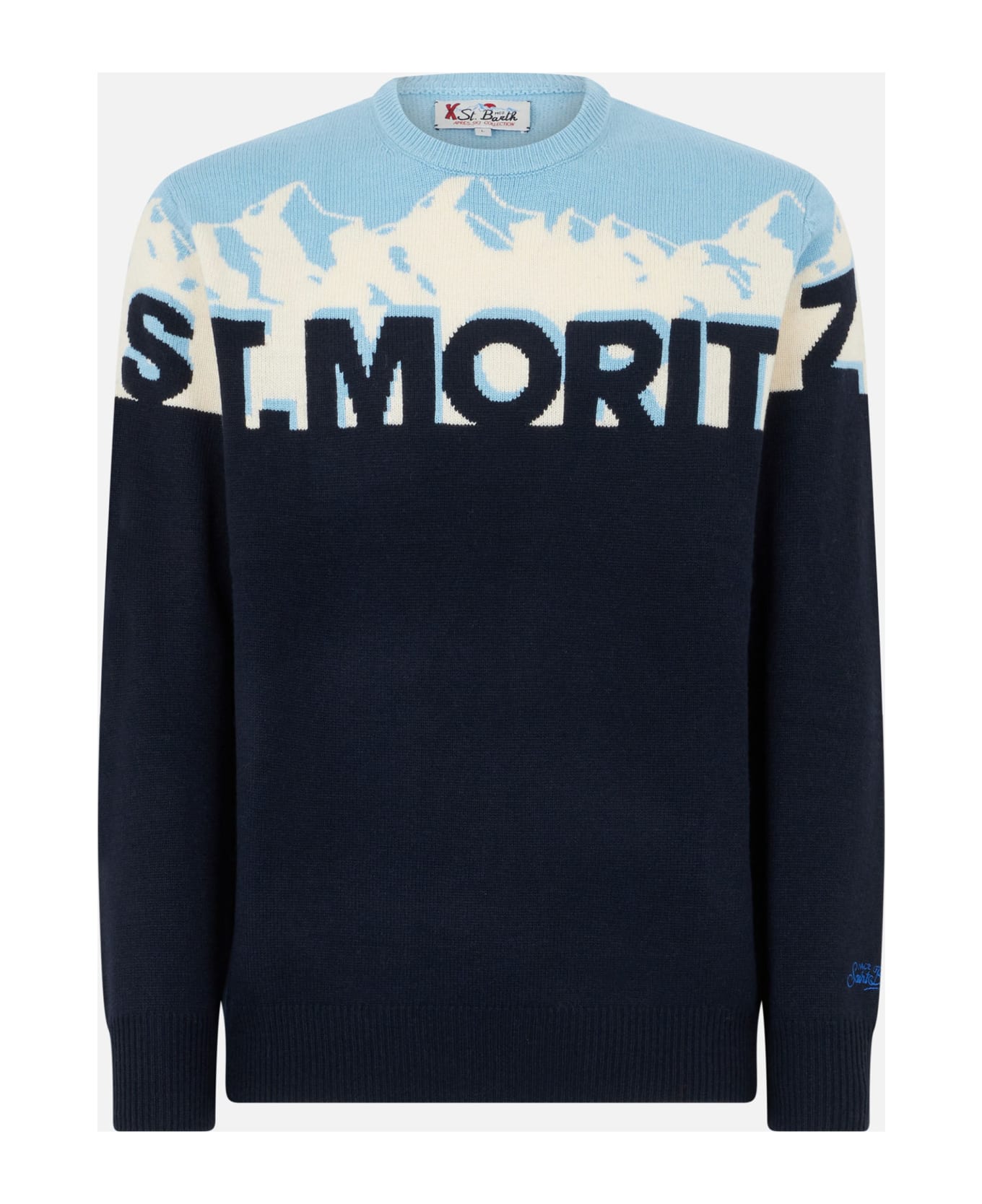 MC2 Saint Barth Man Crewneck Sweater With St. Moritz Postcard Jacquard - BLUE