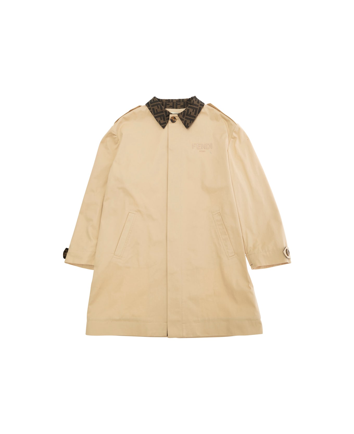 Fendi Beige Trench Coat With Ff Motif Collar And Logo On The Front In Cotton Girls - Beige