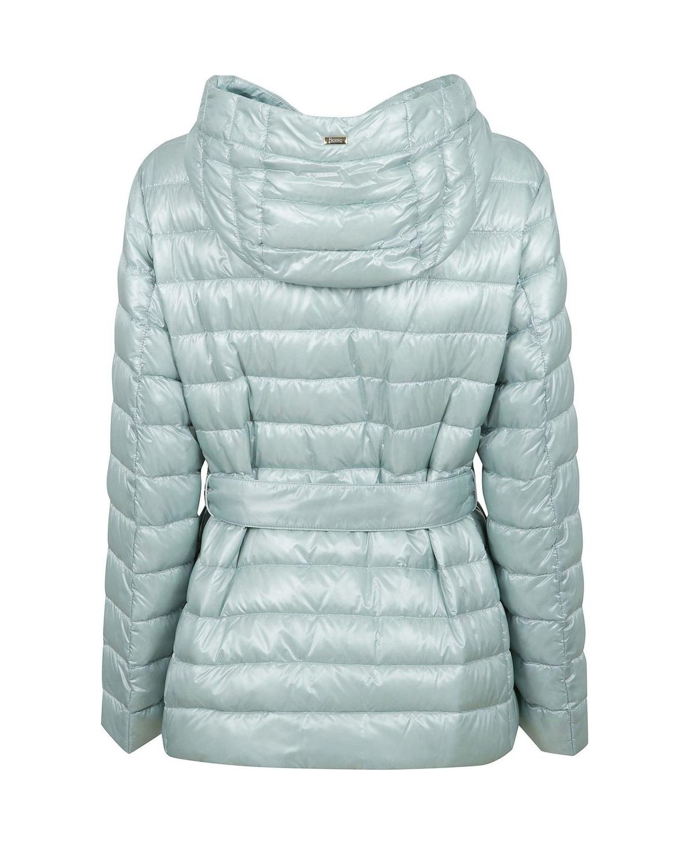 Herno Hooded Belted Waist Puffer Jacket - Turchese