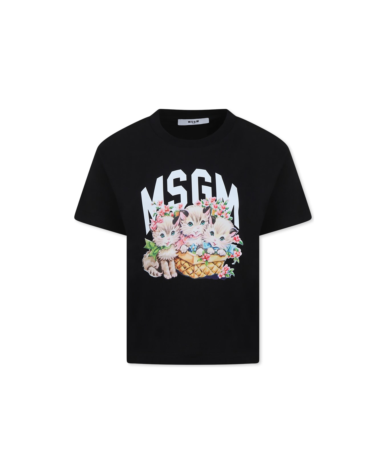 MSGM Black T-shirt For Girl With Logo And Cat Print - Black