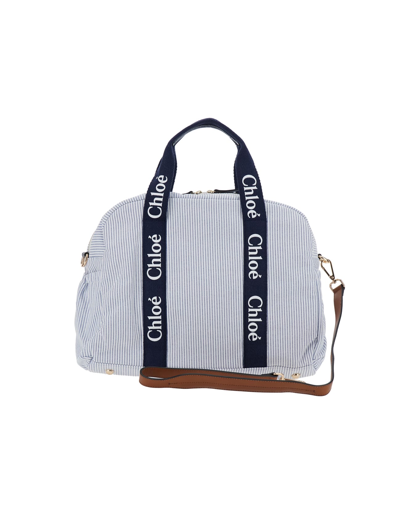 Chloé Light Blue Crossbody Diaper Bag With Logo Lettering On The Handles And All-over Striped Motif In Cotton Blend Girl - Light blue