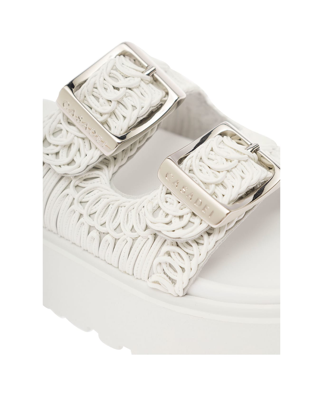 Casadei 'birky Ale' White Slippers With Cornely Embroidery And Xl Buckles In Fabric Woman - White