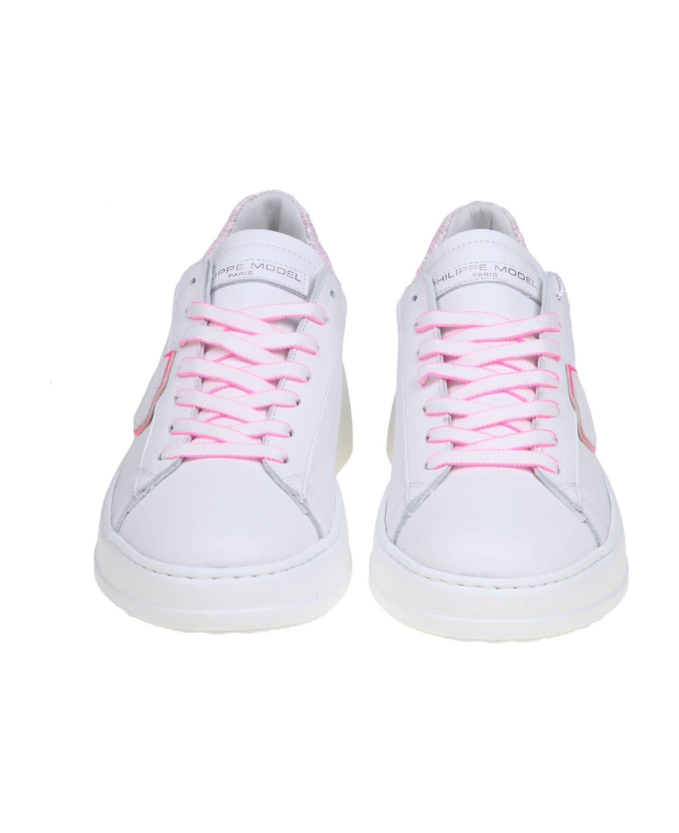 Philippe Model Tres Temple Low In White And Fuchsia Leather - Blanc/fucsia