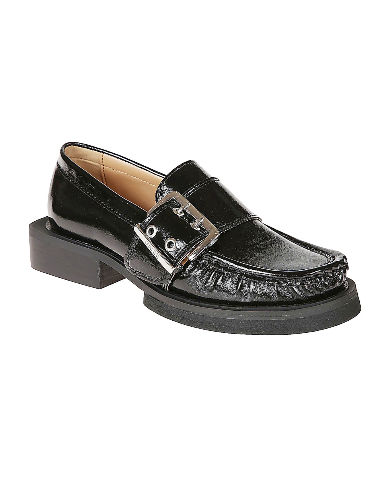 Ganni Block Heel Buckled Loafers - Black