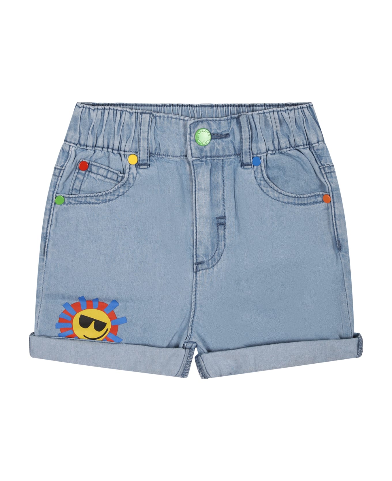 Stella McCartney Kids Denim Shorts For Baby Boy With Multicolor Sun - Denim ボトムス