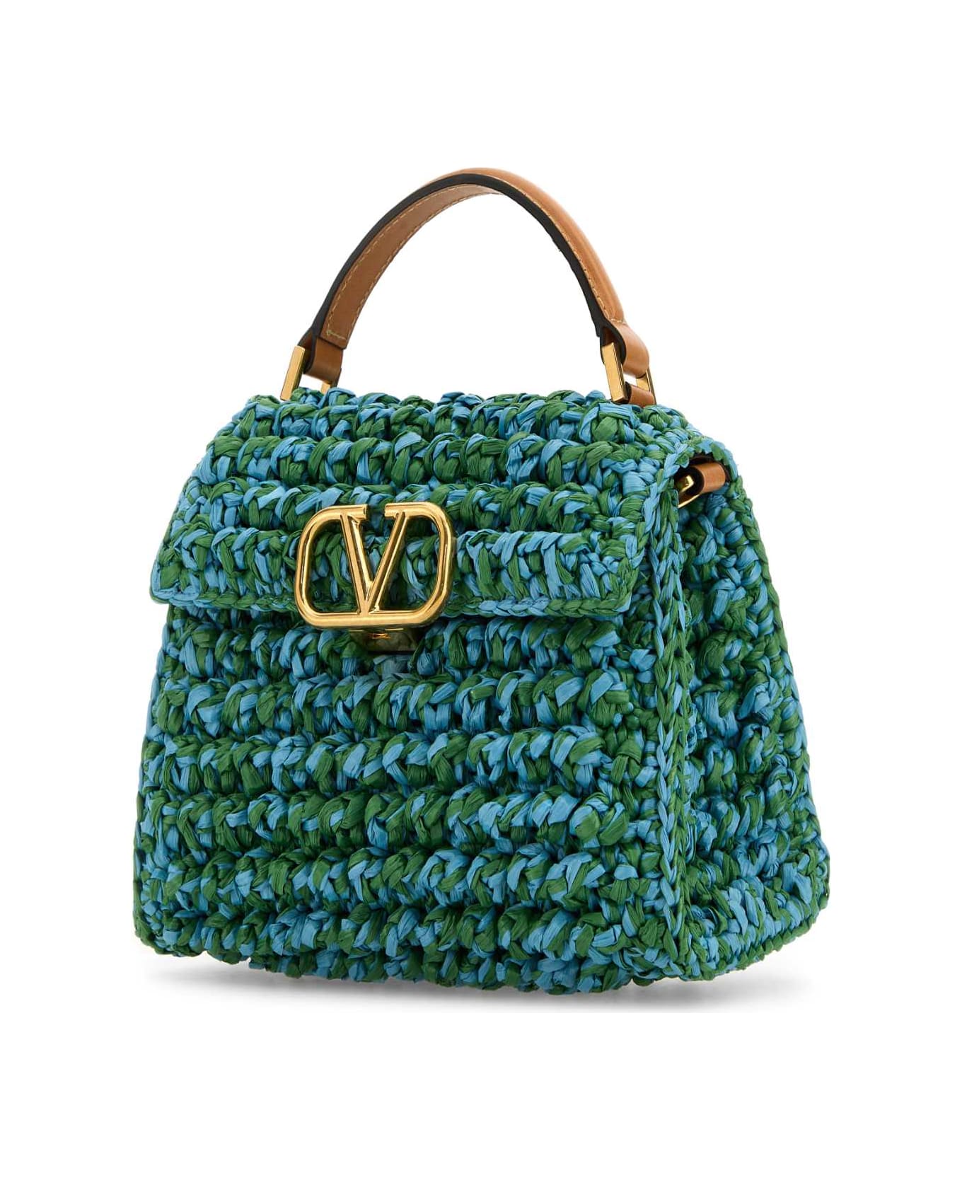 Valentino Garavani Two-tone Raffia Vsling Handbag - VERDEAZZURRONATURALCAMEL