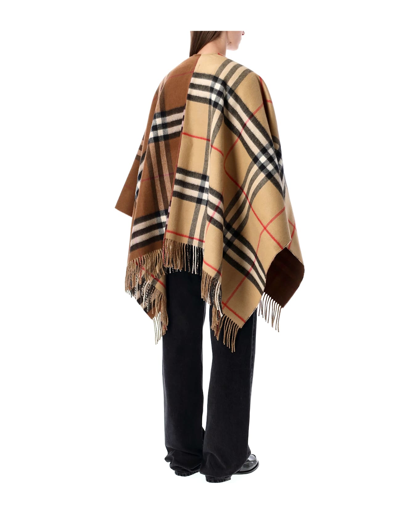 Burberry London Wool Cashmere Cape With Contrast Burberry Check - ARC BEG/DRK BIR BRWN