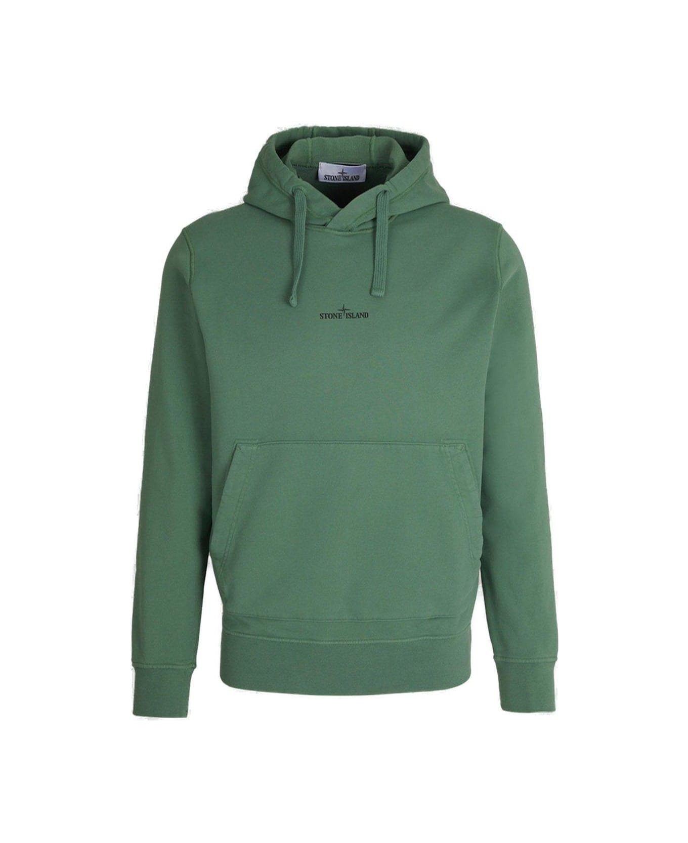 Stone Island Logo Printed Drawstring Hoodie - Sage