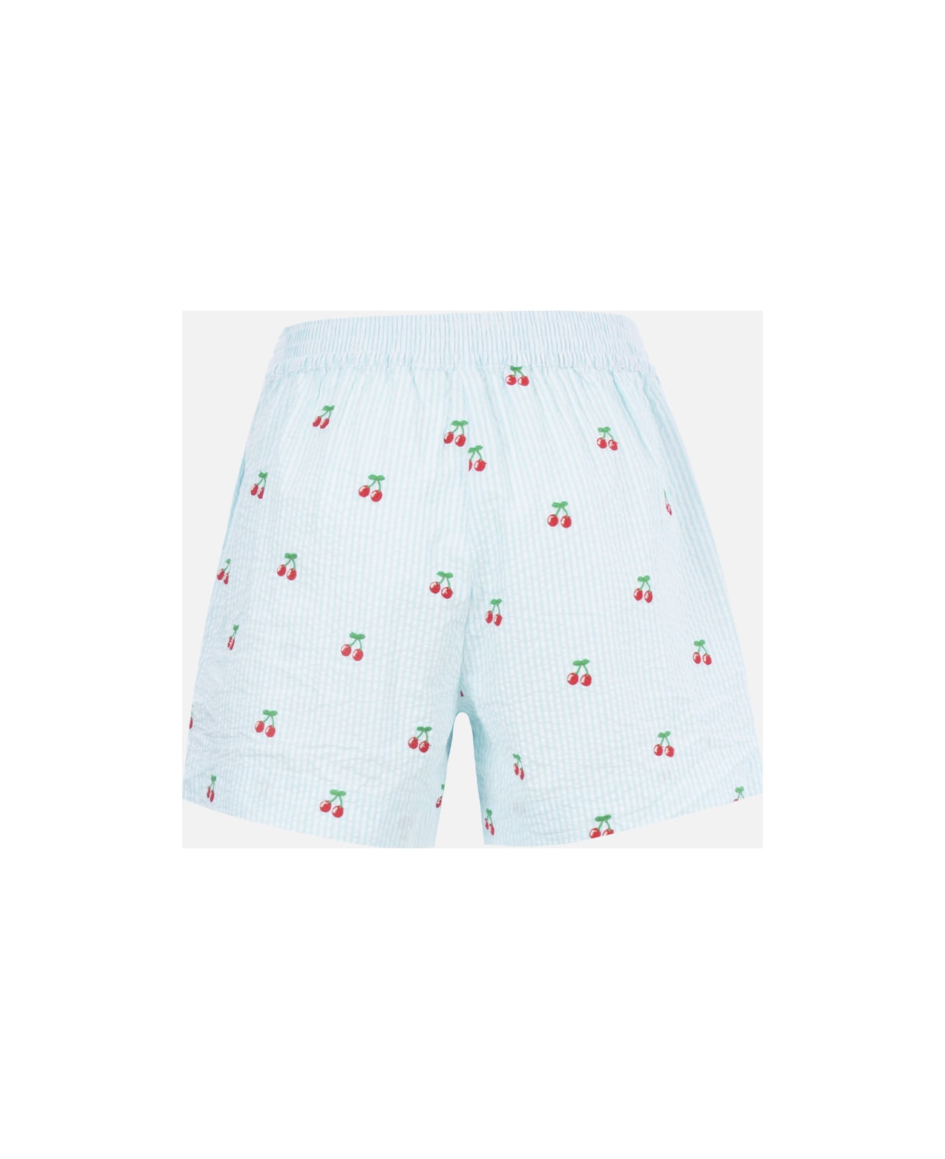 MC2 Saint Barth Woman Seersucker Striped Pull Up Shorts Meave With Cherry Patches - GREEN