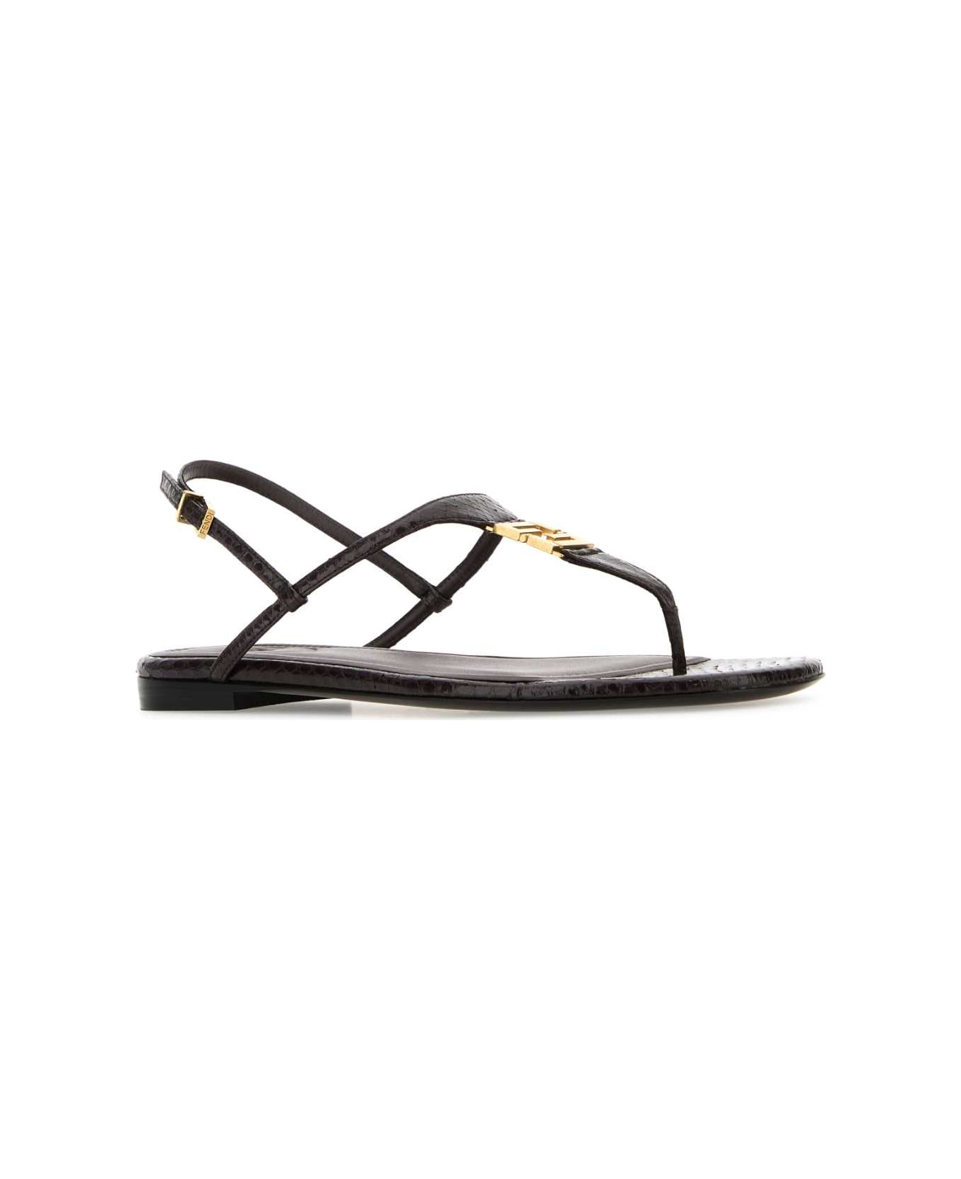 Fendi Chocolate Leather Fold Thong Sandals - BLACK PURPLE