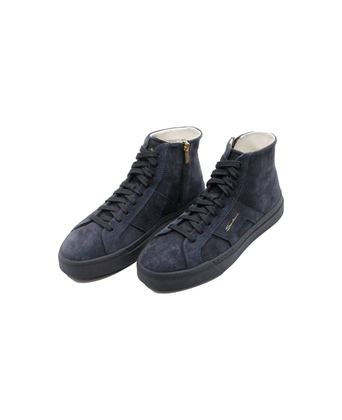 Santoni High-top Sneaker In Soft Suede Calfskin With Side Zip And Laces With Side Logo Lettering - Blu