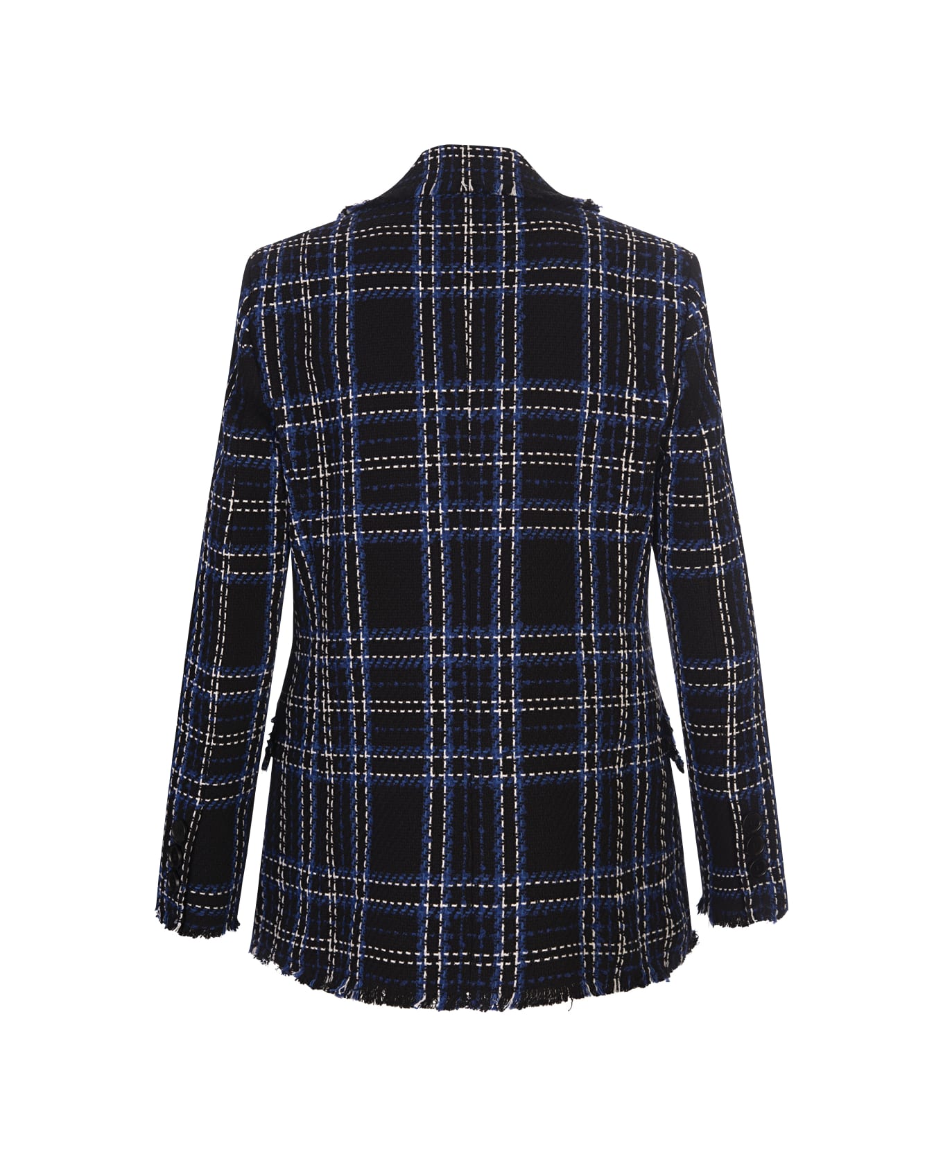 MSGM Double Breasted Blazer In Blue Tweed With Maxi Check Pattern - Blue