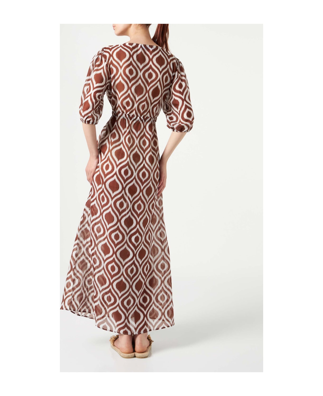 MC2 Saint Barth Cotton And Silk Long Beach Dress Bliss With Ikat Print - BROWN