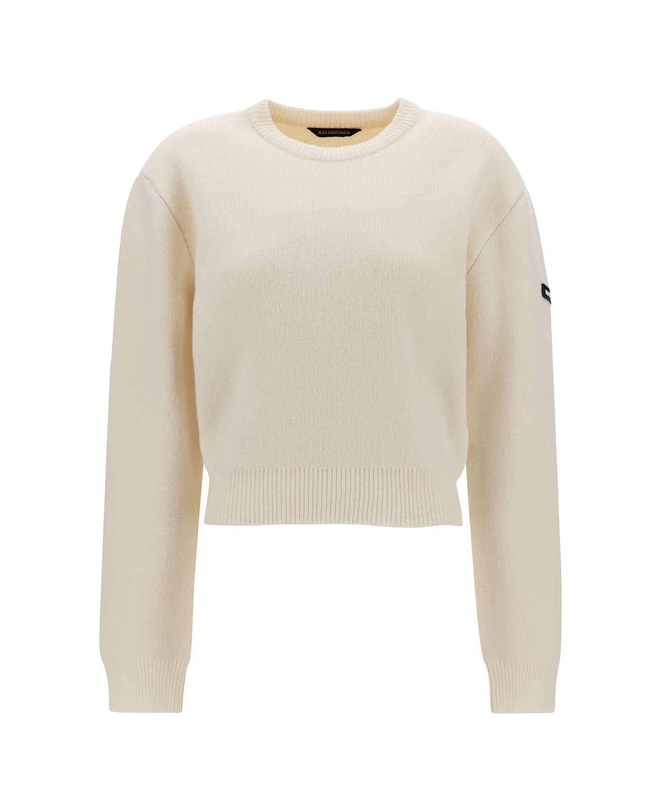 Balenciaga Cropped Sweater With Logo Patch In Wool Blend - White