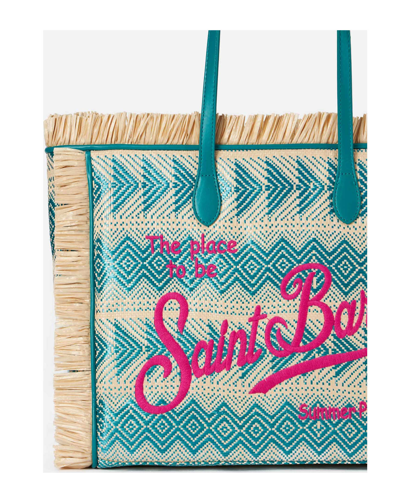 MC2 Saint Barth Vanity Straw Bag With Embroidery And Geometric Pattern - SKY