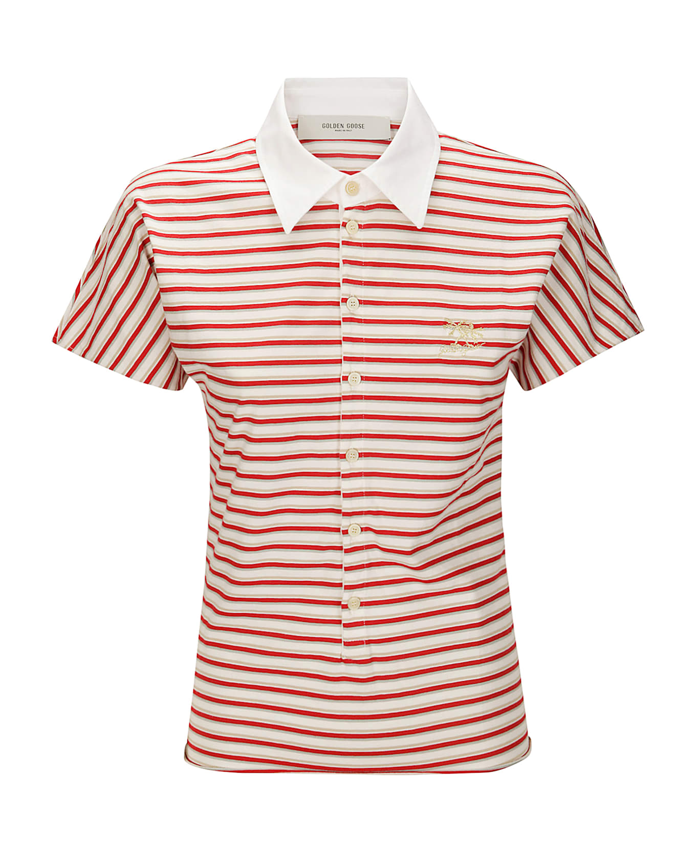 Golden Goose Logo Embroidered Striped Polo Top - PAPYRUS/HAUTE RED