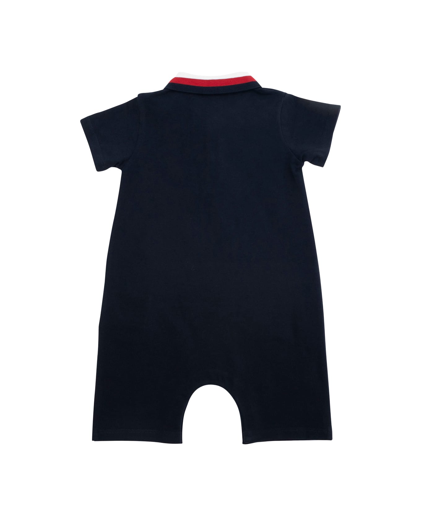 Moncler Dark Blue Romper With Contrasting Collar And Logo Patch On The Front In Cotton Baby - Blu