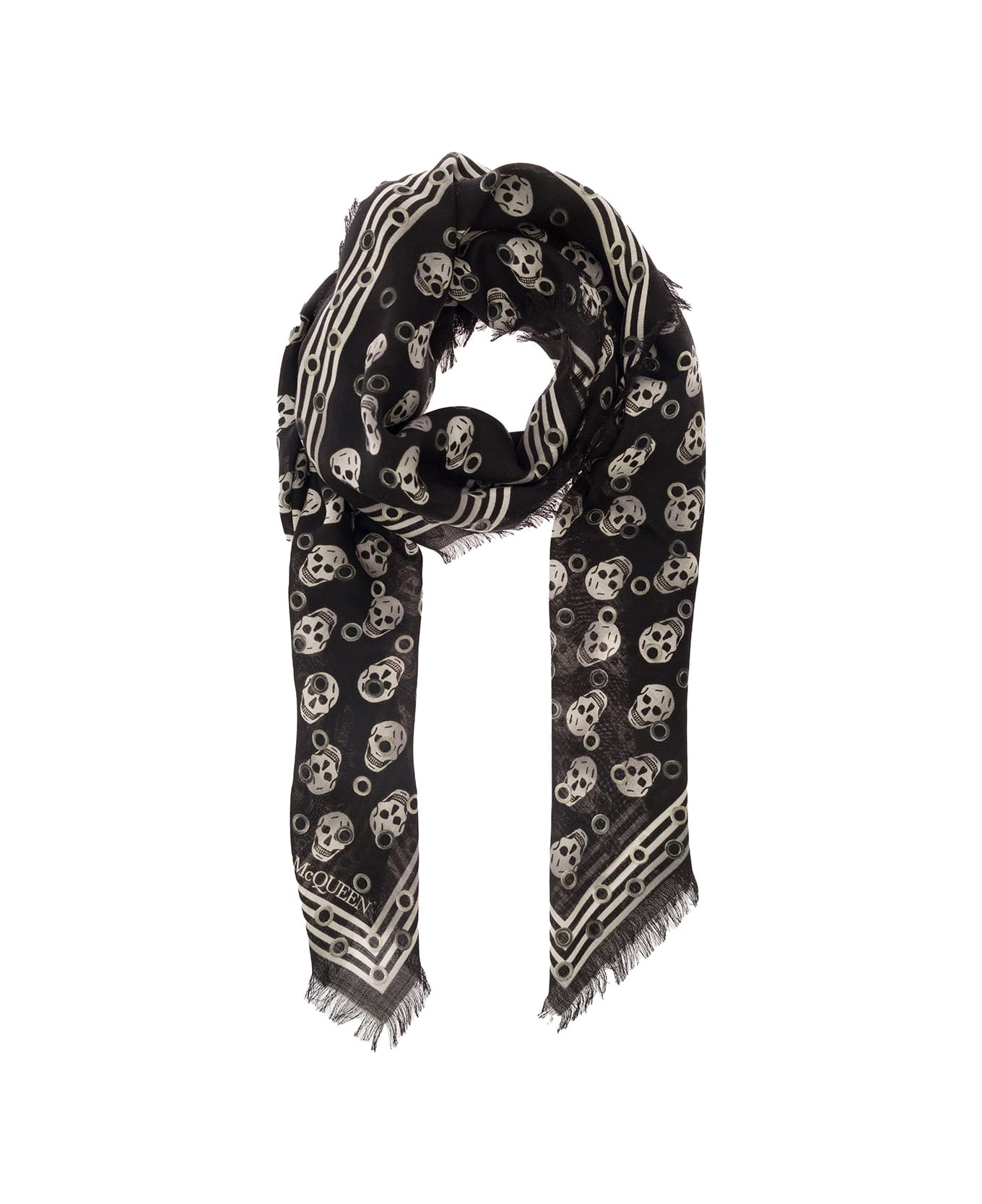 Alexander McQueen Black Scarf With All-over Skull Print And Fringed Hem In Wool Man - Black