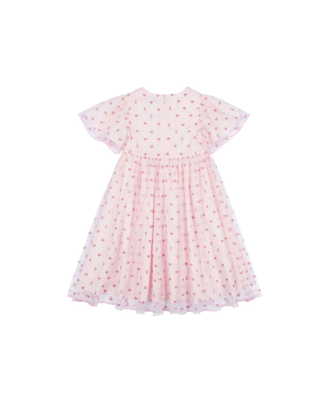 Moschino Pink Crewneck Dress With Ruched Short Sleeves And All-over Heart Motif In Cotton Girl - Pink