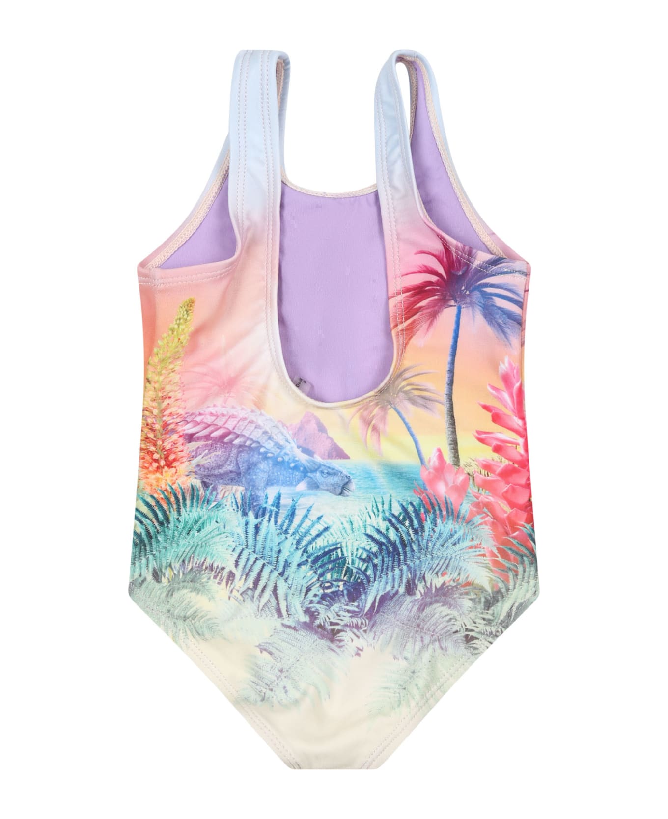 Molo Purple One-piece Swimsuit For Bebe Girl With Dinosaur Print - Multicolor