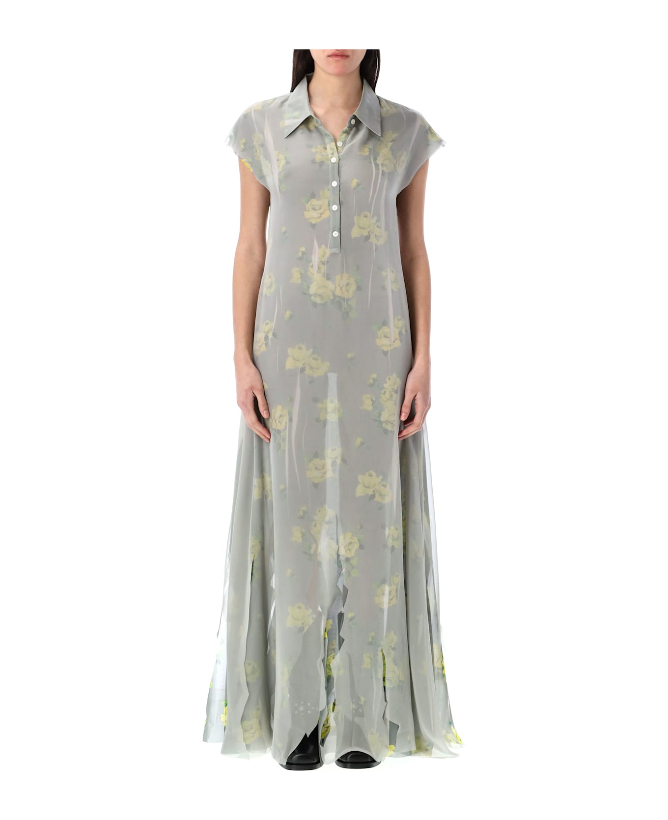 Acne Studios Dranee Rose Print Long Dress - YELLOW GREY
