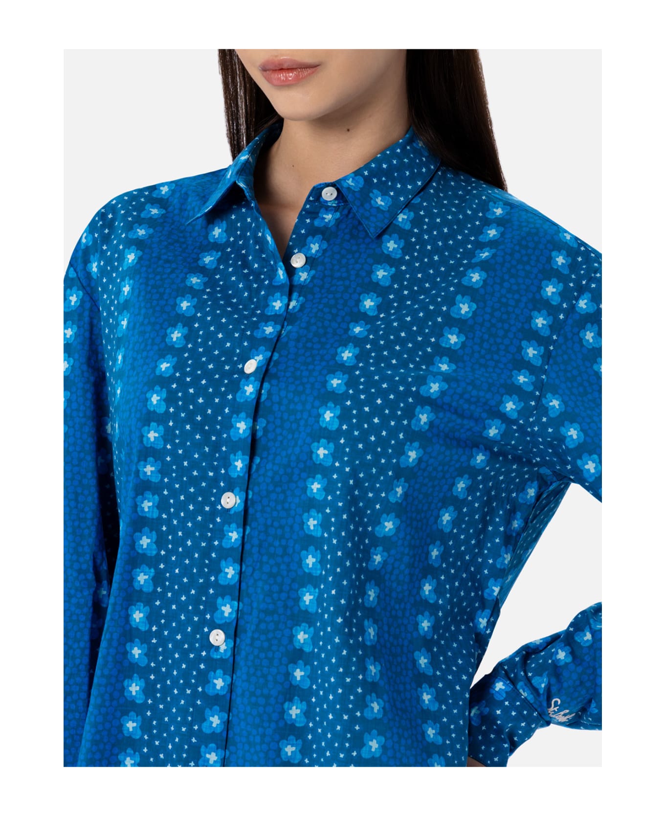 MC2 Saint Barth Woman Cotton Shirt Brigitte With Indigo Flower Print - BLUE