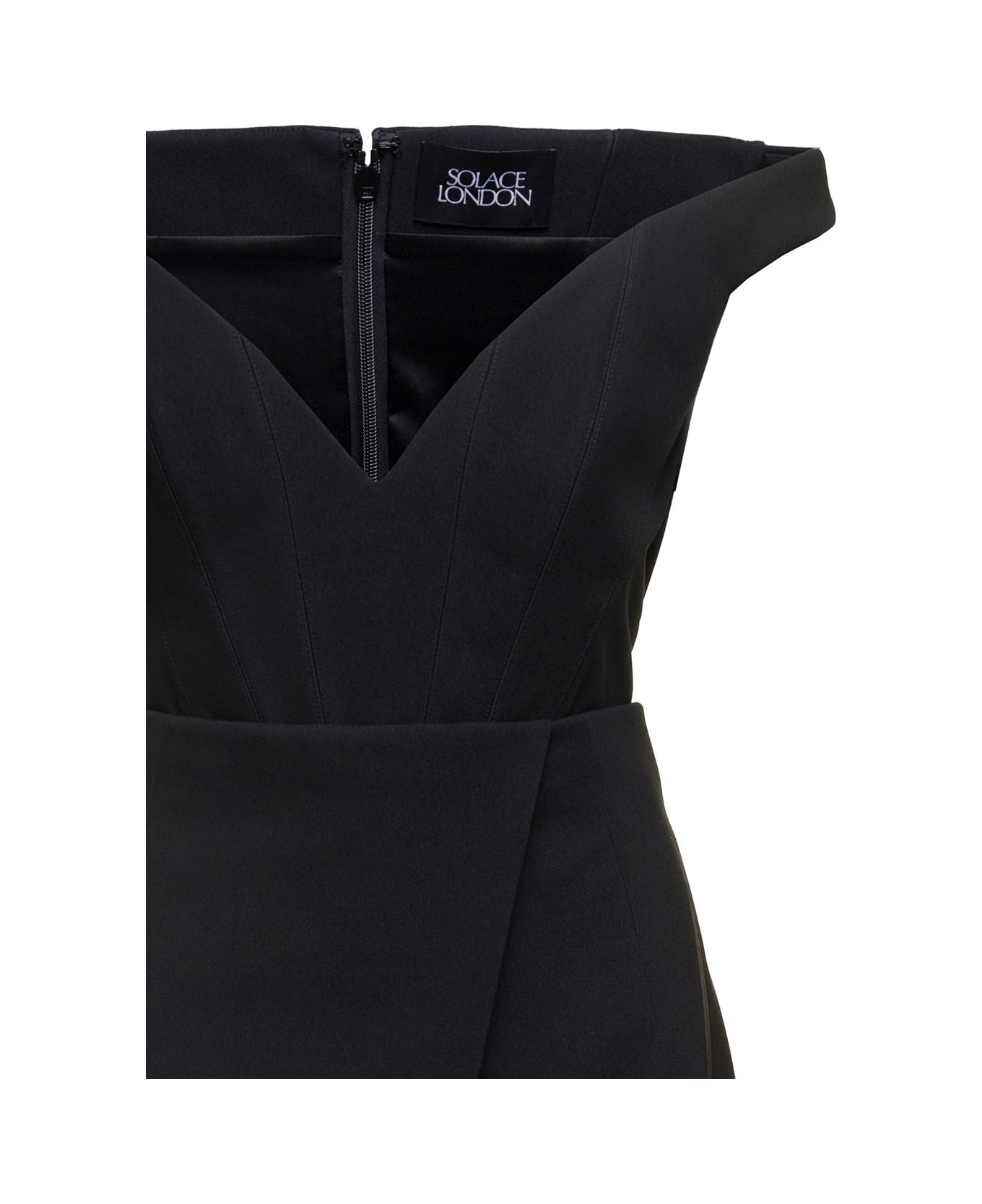 Solace London Black Midi Dress With Flared Skirt And Asymmetric Vent In Polyester Woman - Black