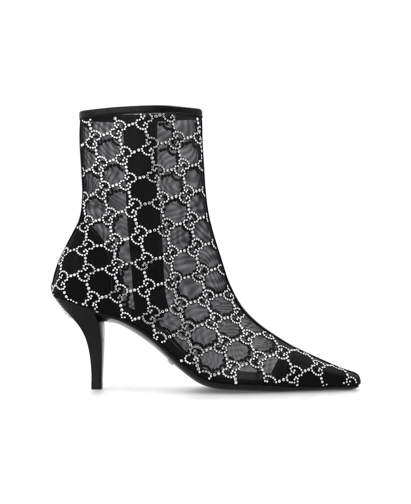 Gucci Gg Crystals-embellished Pointed-toe Ankle Boots - Black