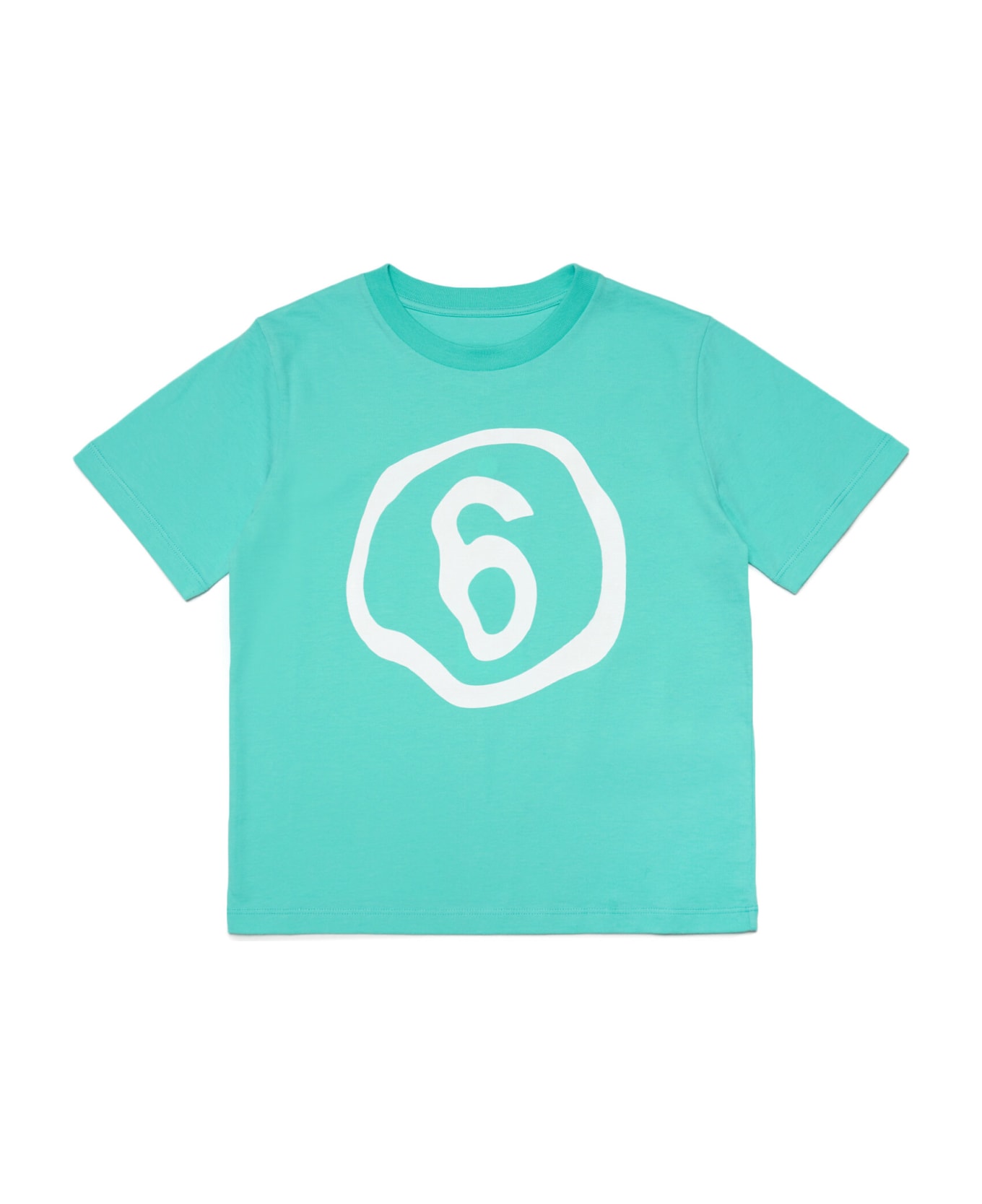 MM6 Maison Margiela Mm6t53u T-shirt Maison Margiela Aquamarine T-shirt In Jersey With Logo 6 Fluid Effect - Bright marine