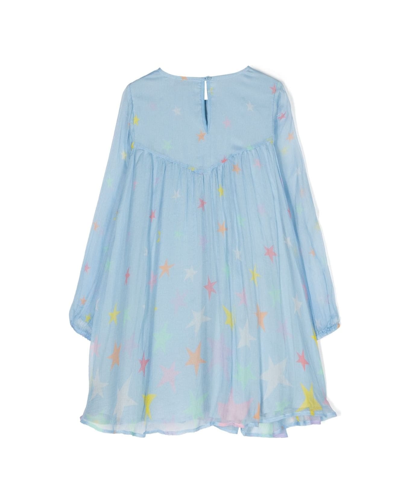 Stella McCartney Kids Light Blue Dress With Volant And All-over Star Motif In Silk Girl - Multicolor ワンピース＆ドレス