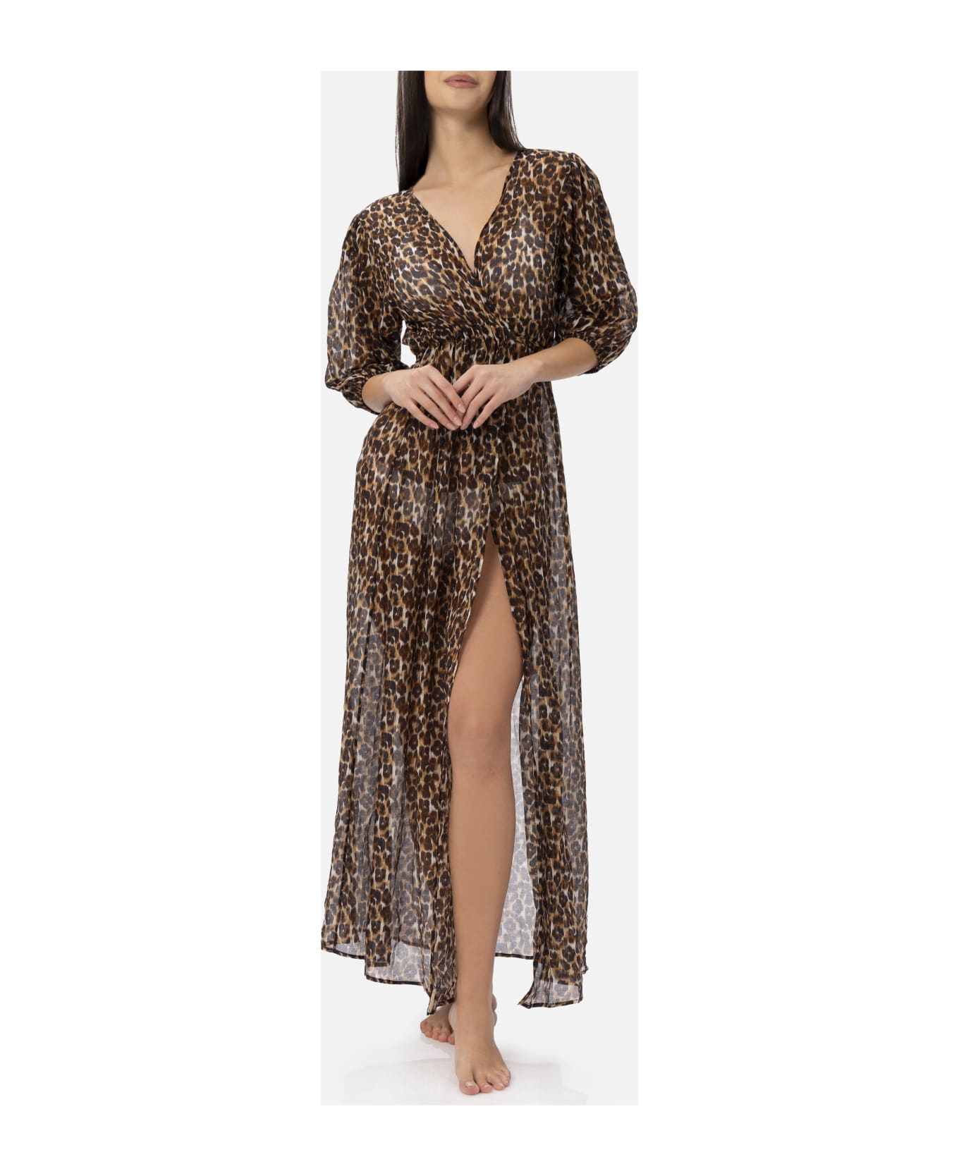 MC2 Saint Barth Cotton And Silk Long Dress Bliss With Animalier Print - BROWN
