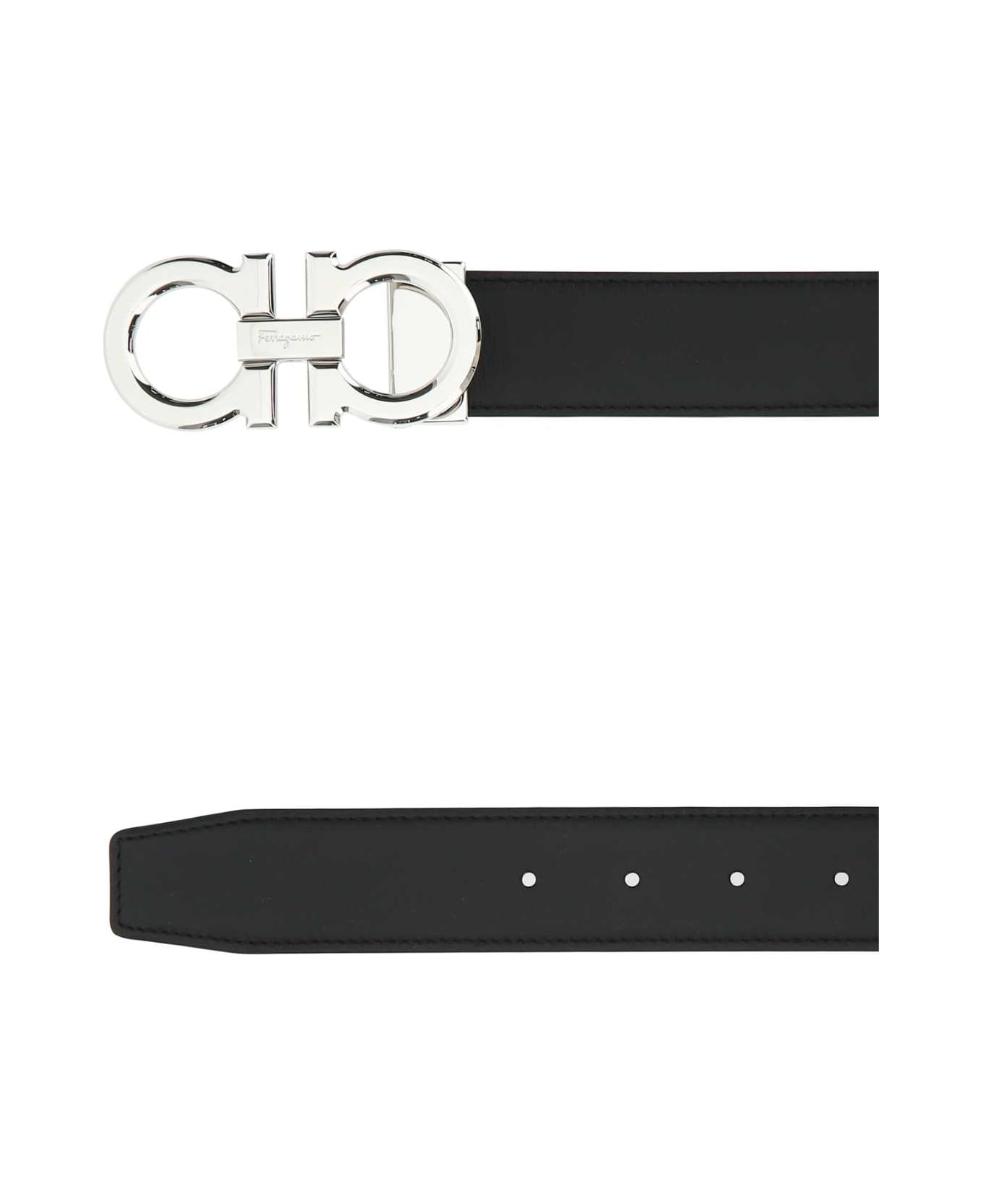 Ferragamo Black Leather Reversible Belt - NEROHICKORY